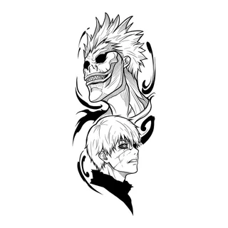 Black and grey illustrative faces tattoo design, drawn flat for a hand tattoo