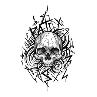 Black and white linework skull tattoo design, outline stencil for a hand tattoo
