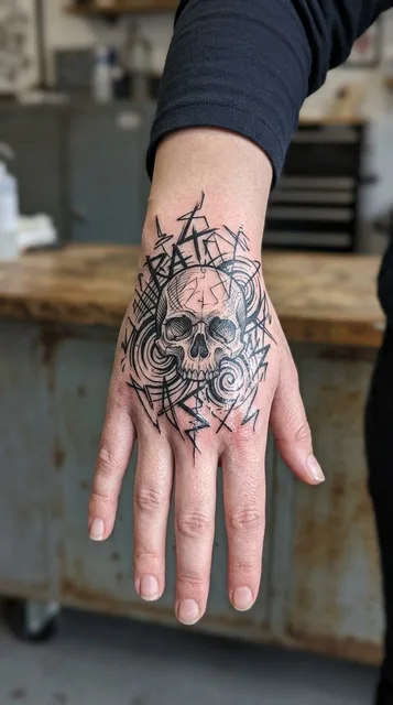 Black and white linework skull tattoo on a woman's hand