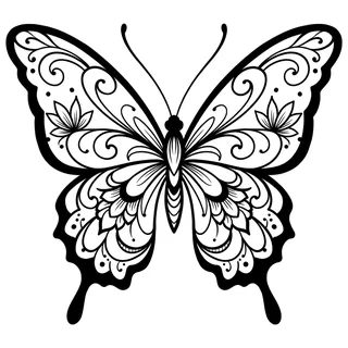 Black and grey ornamental butterfly tattoo design, drawn flat for a hand tattoo