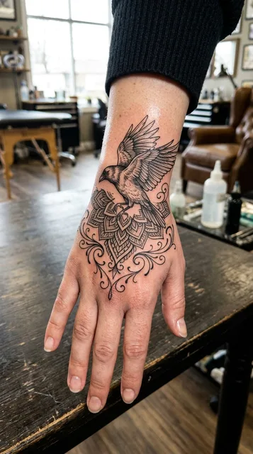 Black and grey ornamental crow tattoo on a woman's hand