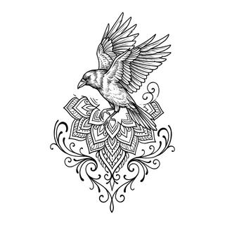 Black and grey ornamental crow tattoo design, drawn flat for a hand tattoo