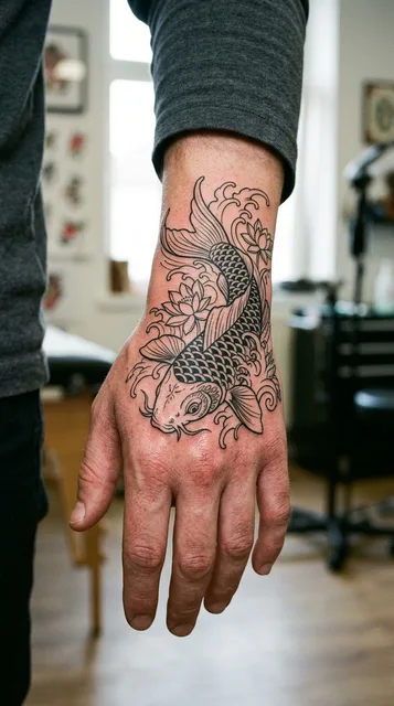Black and grey ornamental koi fish tattoo on a man's hand