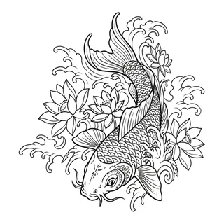 Black and grey ornamental koi fish tattoo design, drawn flat for a hand tattoo