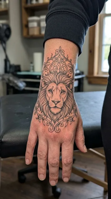 Black and grey ornamental lion tattoo on a woman's hand