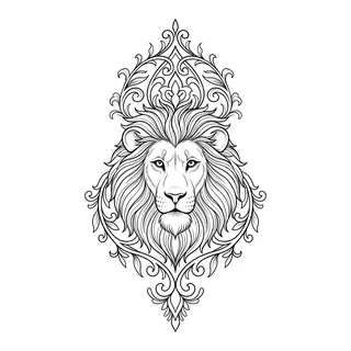 Black and grey ornamental lion tattoo design, drawn flat for a hand tattoo