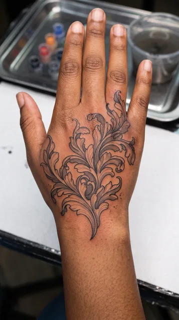 Black and grey ornamental ornament tattoo on a woman's hand
