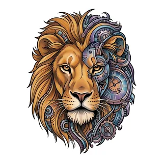 Color biomechanical lion tattoo design, drawn flat for a hand tattoo