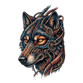 Color biomechanical wolf tattoo design, drawn flat for a hand tattoo