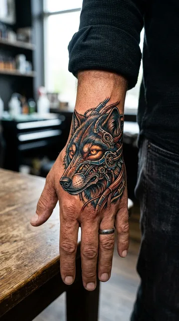 Wolf tattoo on the hand