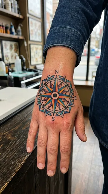 Color geometric compass tattoo on a woman's hand