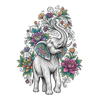 Color illustrative elephant tattoo design, drawn flat for a hand tattoo