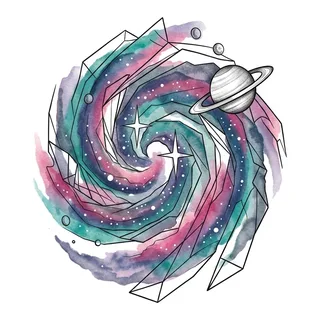 Color illustrative galaxy tattoo design, drawn flat for a hand tattoo