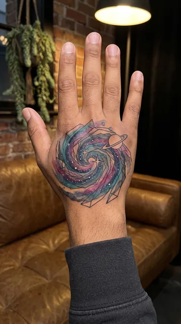 Color illustrative galaxy tattoo on a man's hand