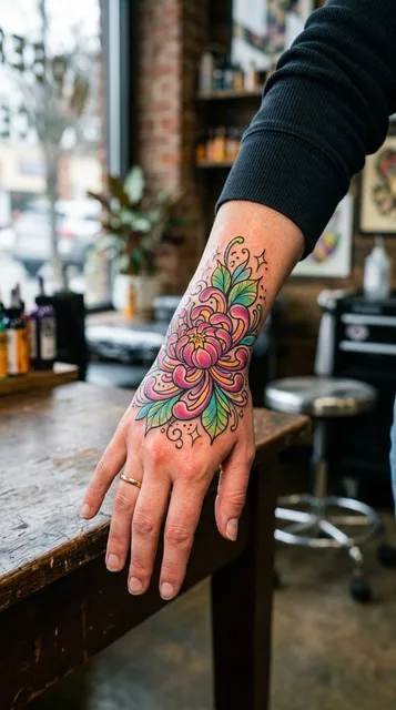 Color new school chrysanthemum tattoo on a woman's hand