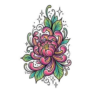 Color new school chrysanthemum tattoo design, drawn flat for a hand tattoo