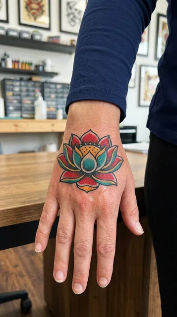 Color traditional lotus tattoo on a woman's hand