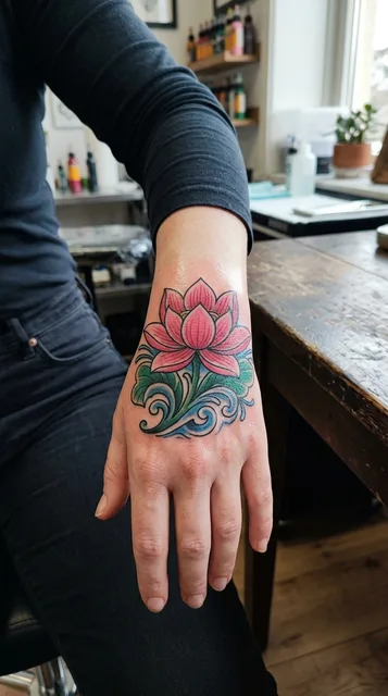Color traditional lotus tattoo on a woman's hand