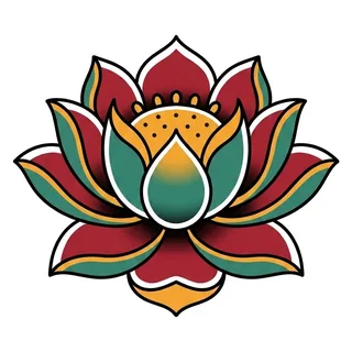 Color traditional lotus tattoo design, drawn flat for a hand tattoo