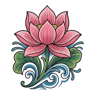 Color traditional lotus tattoo design, drawn flat for a hand tattoo