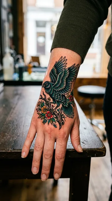 Color traditional raven tattoo on a woman's hand