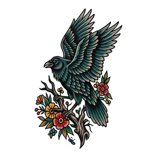 Color traditional raven tattoo design, drawn flat for a hand tattoo