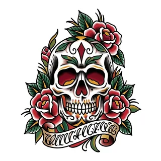 Color traditional skull tattoo design, drawn flat for a hand tattoo