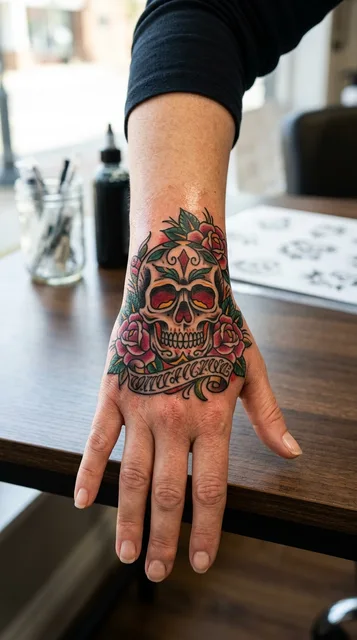 Color traditional skull tattoo on a woman's hand