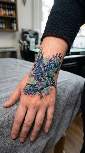 Color watercolor raven tattoo on a woman's hand