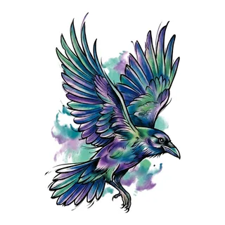 Color watercolor raven tattoo design, drawn flat for a hand tattoo