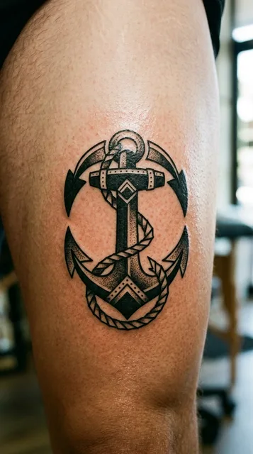 Black and white blackwork anchor tattoo on a man's hip