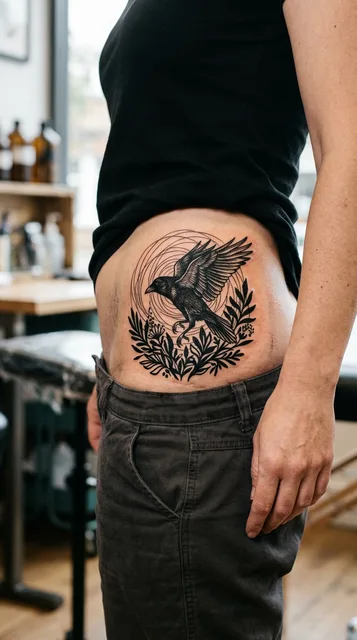 Black and white blackwork crow tattoo on a woman's hip