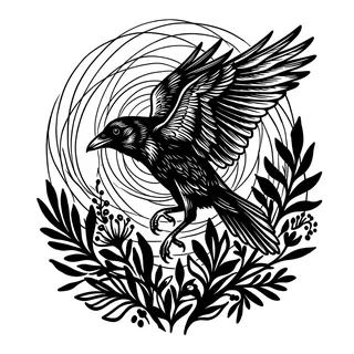 Black and white blackwork crow tattoo design, drawn flat for a hip tattoo