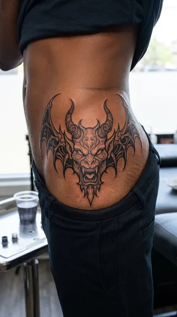Black and white blackwork demon tattoo on a man's hip