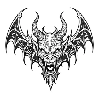 Black and white blackwork demon tattoo design, drawn flat for a hip tattoo