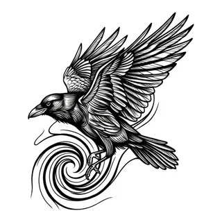 Black and white blackwork raven tattoo design, drawn flat for a hip tattoo