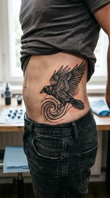 Black and white blackwork raven tattoo on a man's hip
