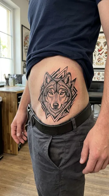 Black and white blackwork wolf tattoo on a man's hip