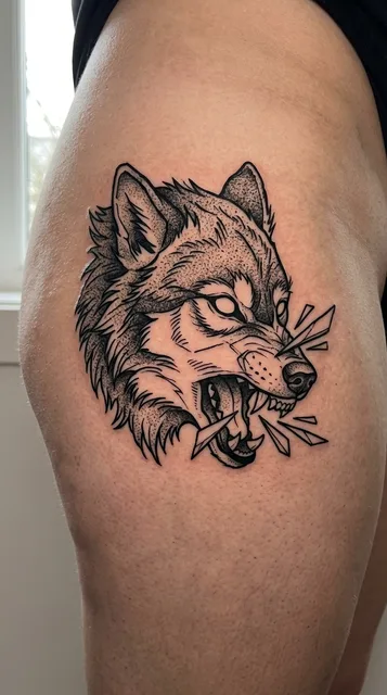 Black and white blackwork wolf tattoo on a man's hip