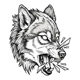 Black and white blackwork wolf tattoo design, drawn flat for a hip tattoo