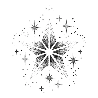 Black and grey dotwork stars tattoo design, drawn flat for a hip tattoo