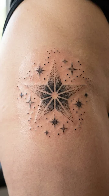 Black and grey dotwork stars tattoo on a woman's hip