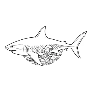 Black and white fine line shark tattoo design, outline stencil for a hip tattoo