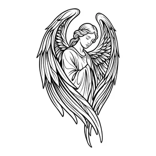 Black and grey illustrative angel tattoo design, drawn flat for a hip tattoo