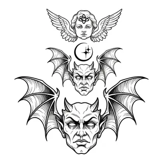 Black and grey illustrative demons tattoo design, drawn flat for a hip tattoo