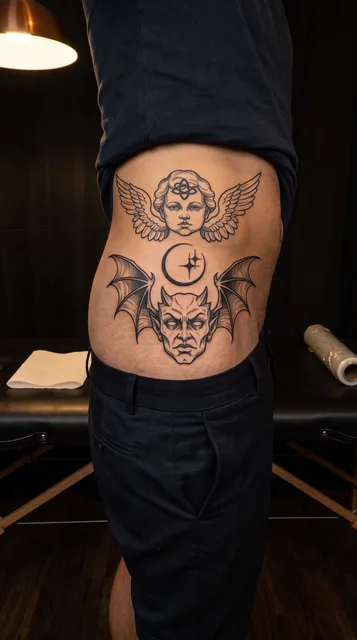 demons tattoo on the hip