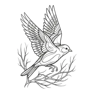 Black and white linework bird tattoo design, outline stencil for a hip tattoo