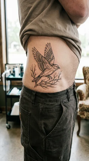 Black and white linework bird tattoo on a man's hip