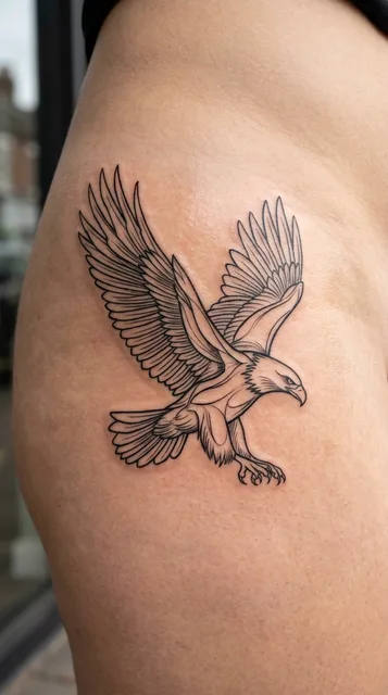 Black and white linework eagle tattoo on a woman's hip