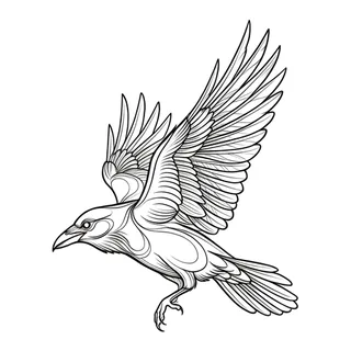 Black and white linework raven tattoo design, outline stencil for a hip tattoo